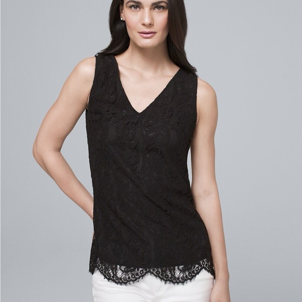 White House Black Market Black Lace V-Neck Top Pleated Back size extra large